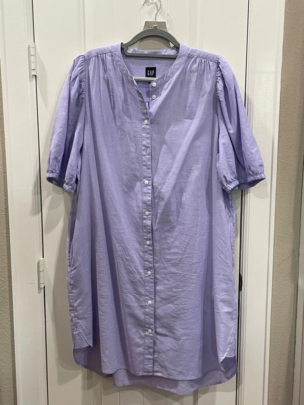 GAP Lilac Linen Blend Puff Sleeve Belted Dress Sz XL - Picture 4 of 7